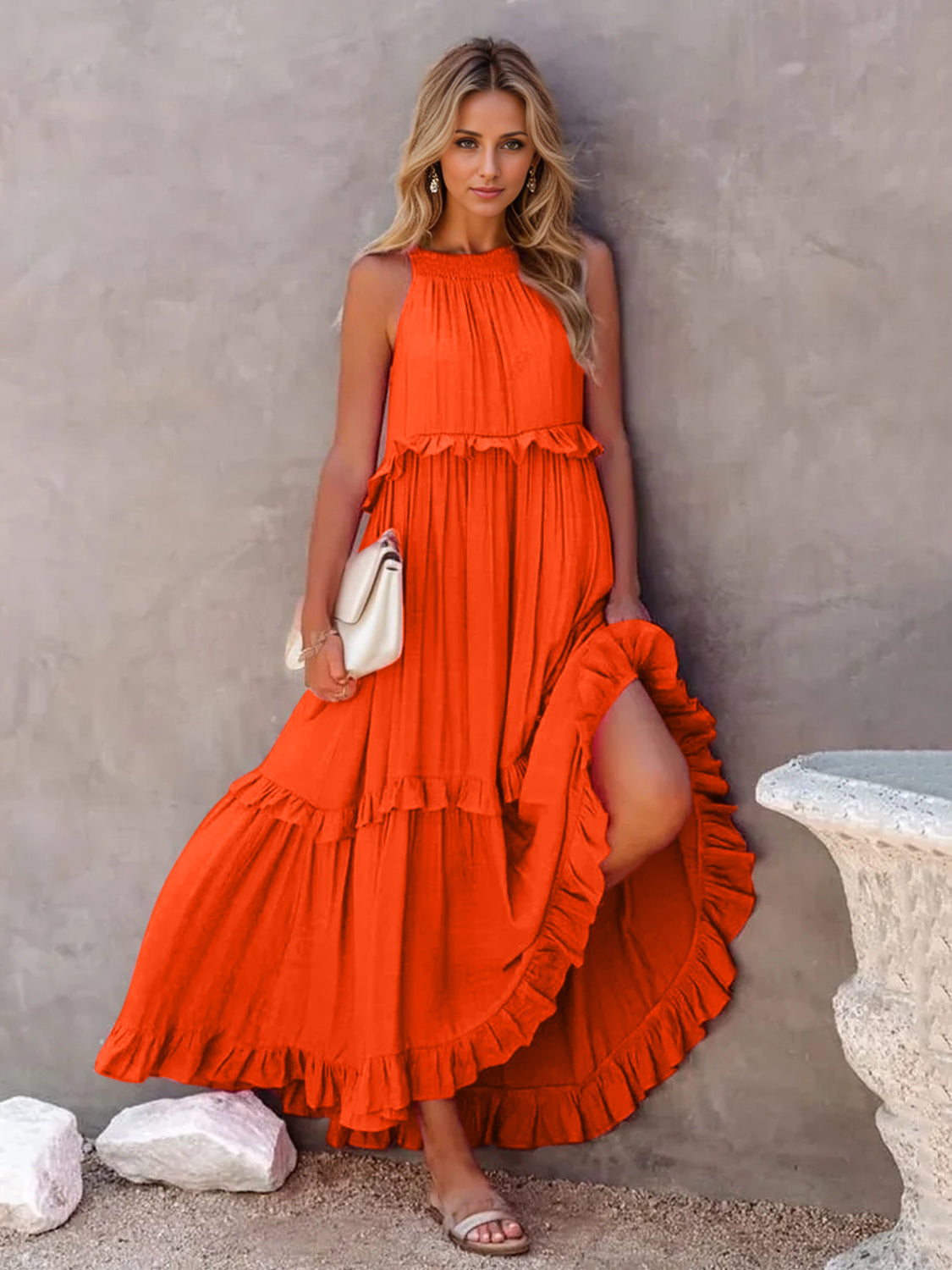 Buy Ruffled Sleeveless Tiered Maxi Dress with Pockets by Faz