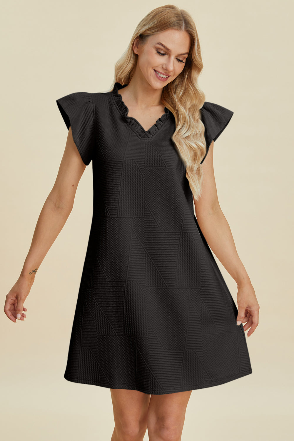 Buy Full Size Ruffled V-Neck Cap Sleeve Dress by Faz