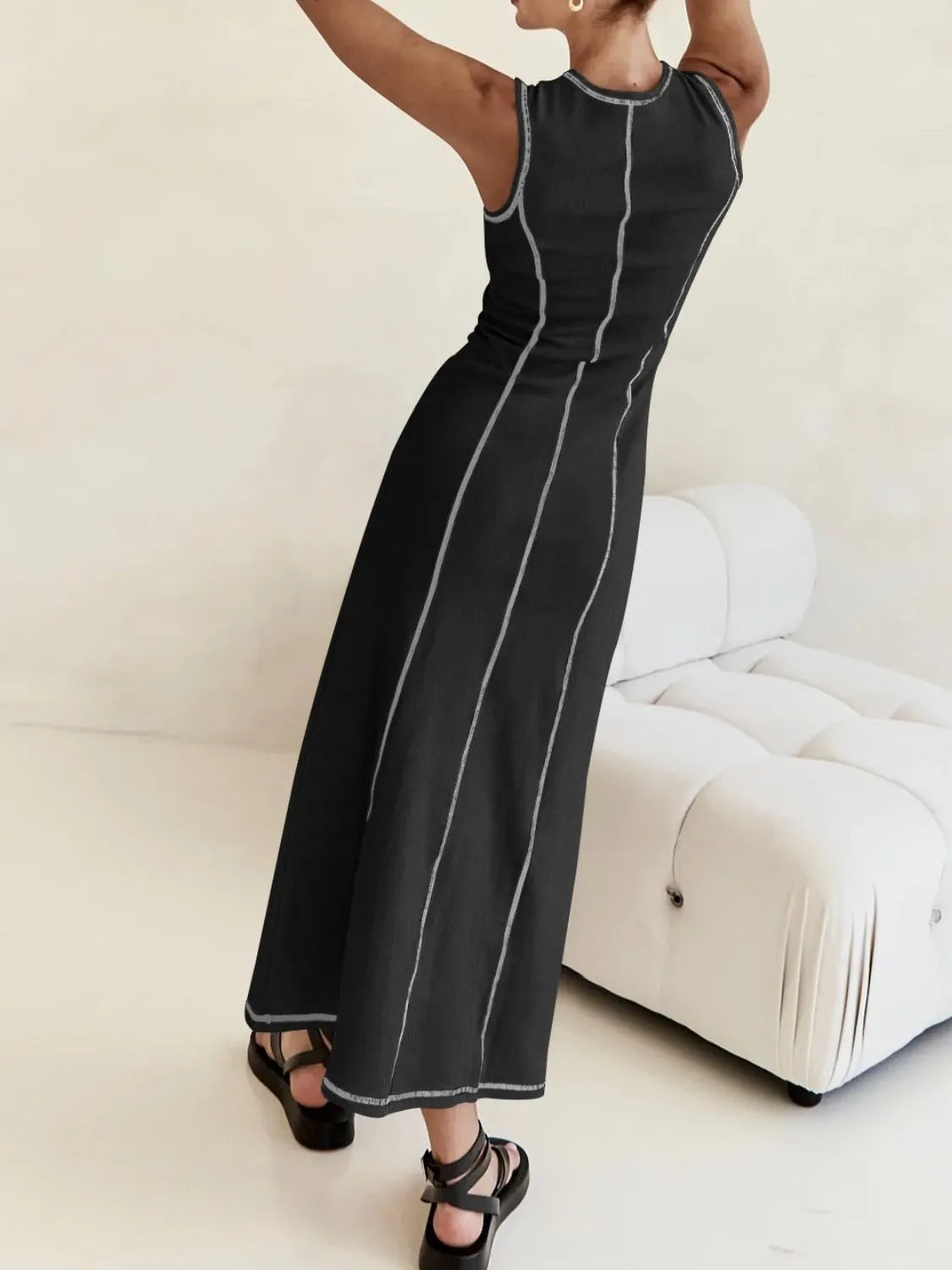 Buy Contrast Stitching Round Neck Sleeveless Midi Dress by Faz