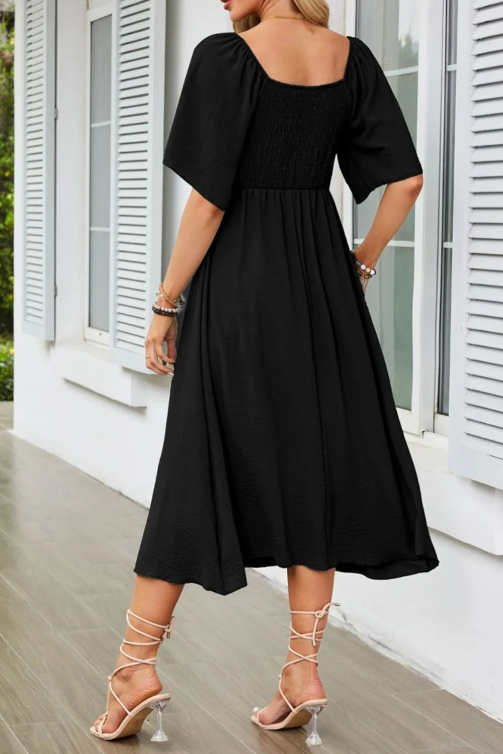 Buy Smocked Tie Front Flutter Sleeve Midi Dress by Faz