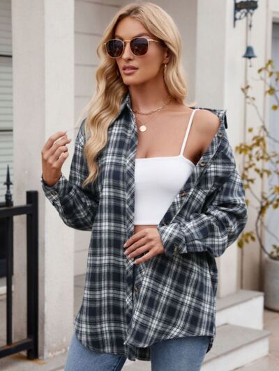 Buy Pocketed Plaid Collared Neck Long Sleeve Shirt by Mandy