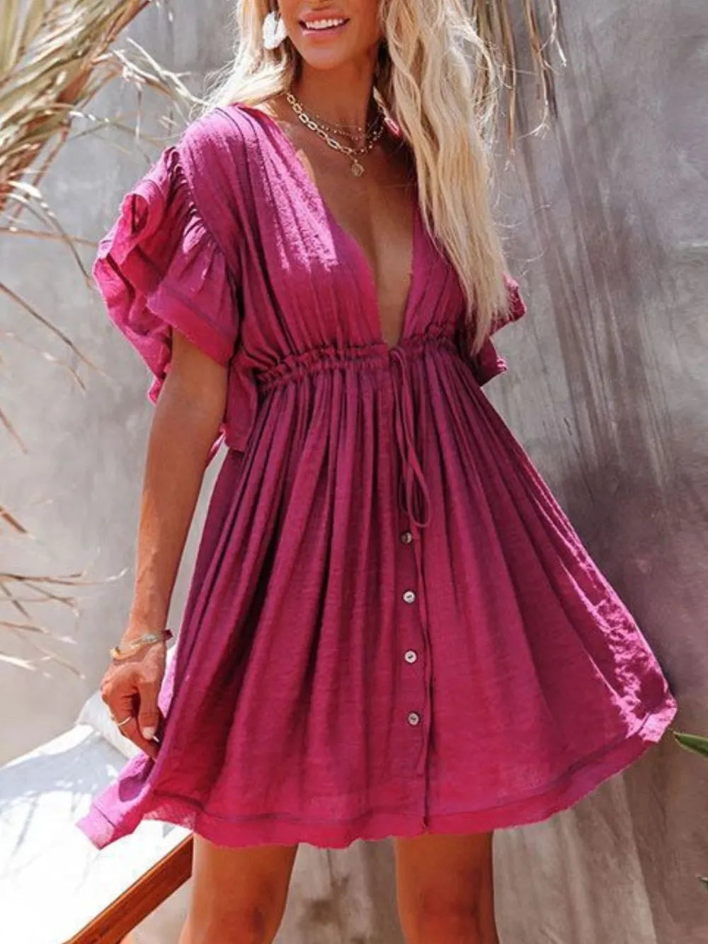 Buy Drawstring Ruffled Half Sleeve Mini Dress by Faz