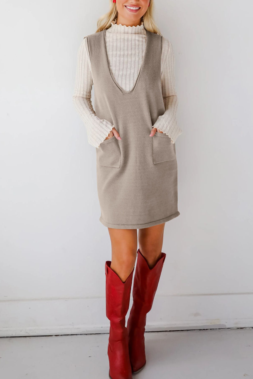 Buy Pocketed V-Neck Mini Sweater Overall Dress by Faz