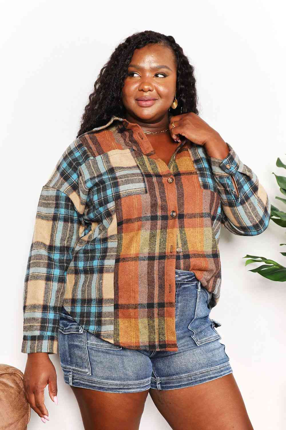 Buy Plaid Curved Hem Shirt Jacket with Breast Pockets by Double Take