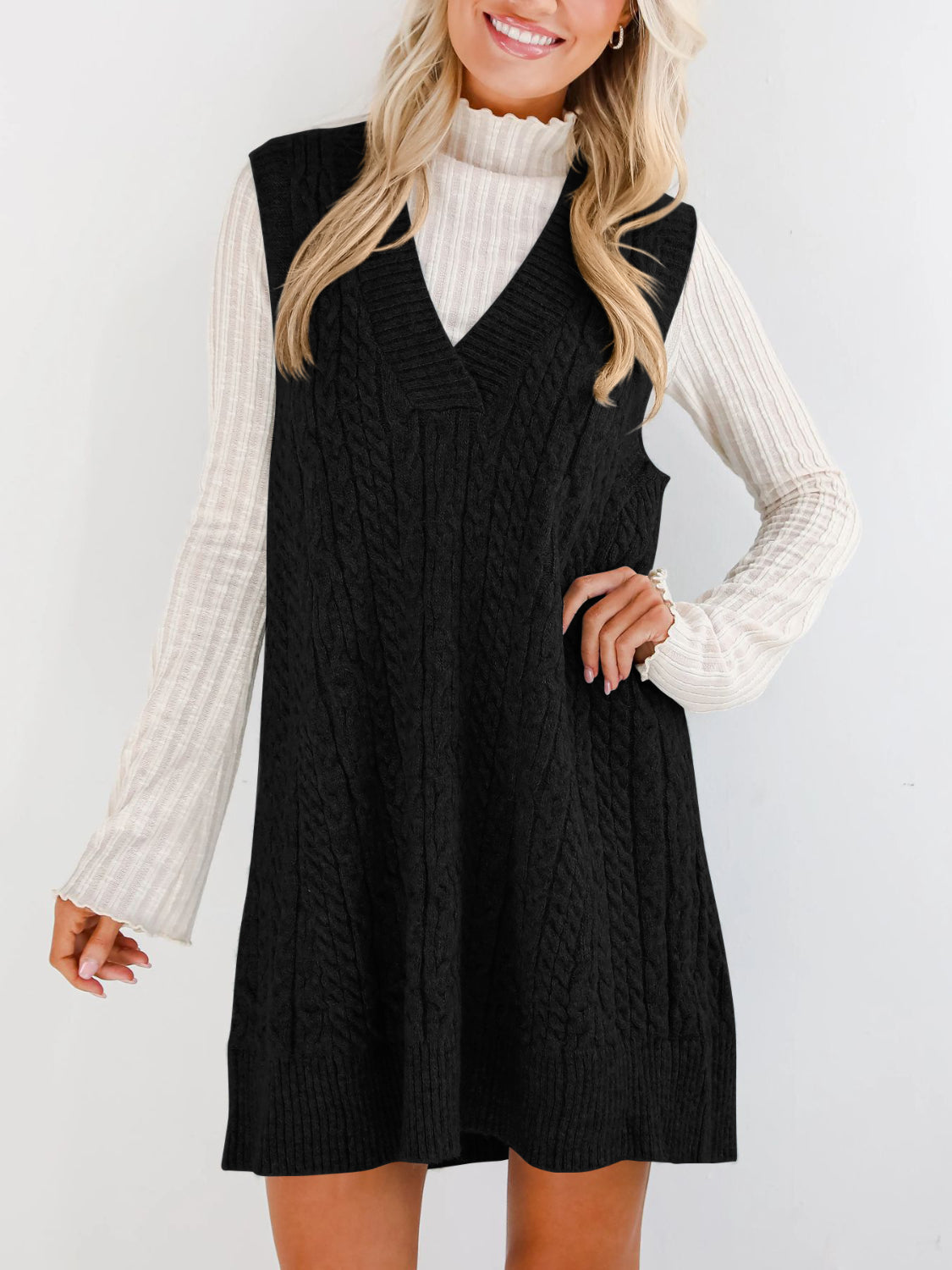 Buy Cable Knit V-Neck Mini Sweater Overall Dress by Faz