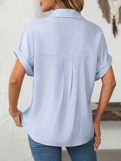 Pocketed Striped Collared Neck Short Sleeve Shirt