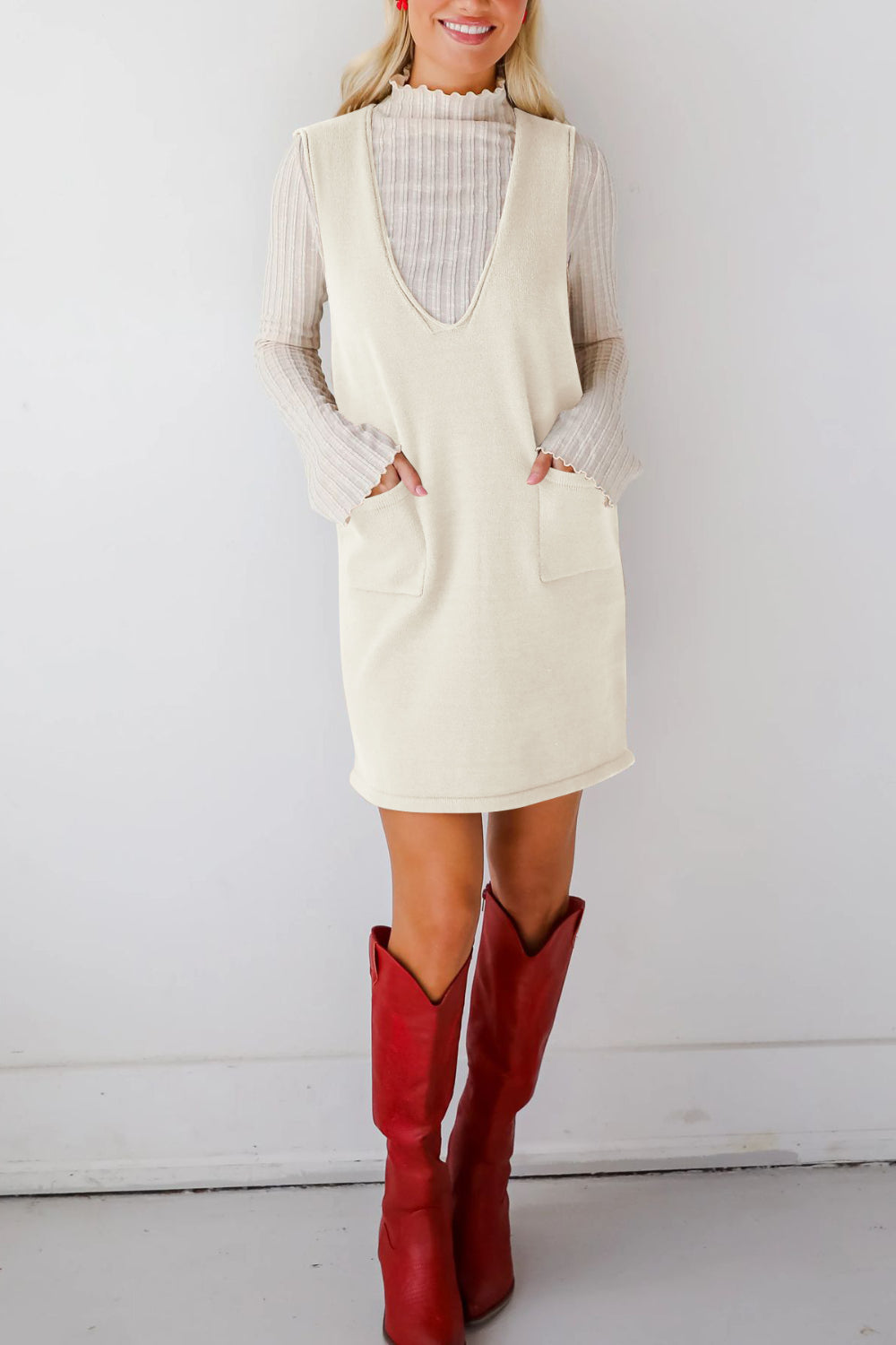 Buy Pocketed V-Neck Mini Sweater Overall Dress by Faz