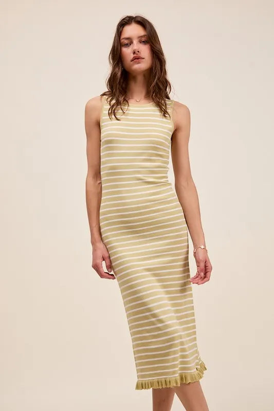 Stripe Sleeveless Sweater Knit Maxi Dress With Ruffled Hem