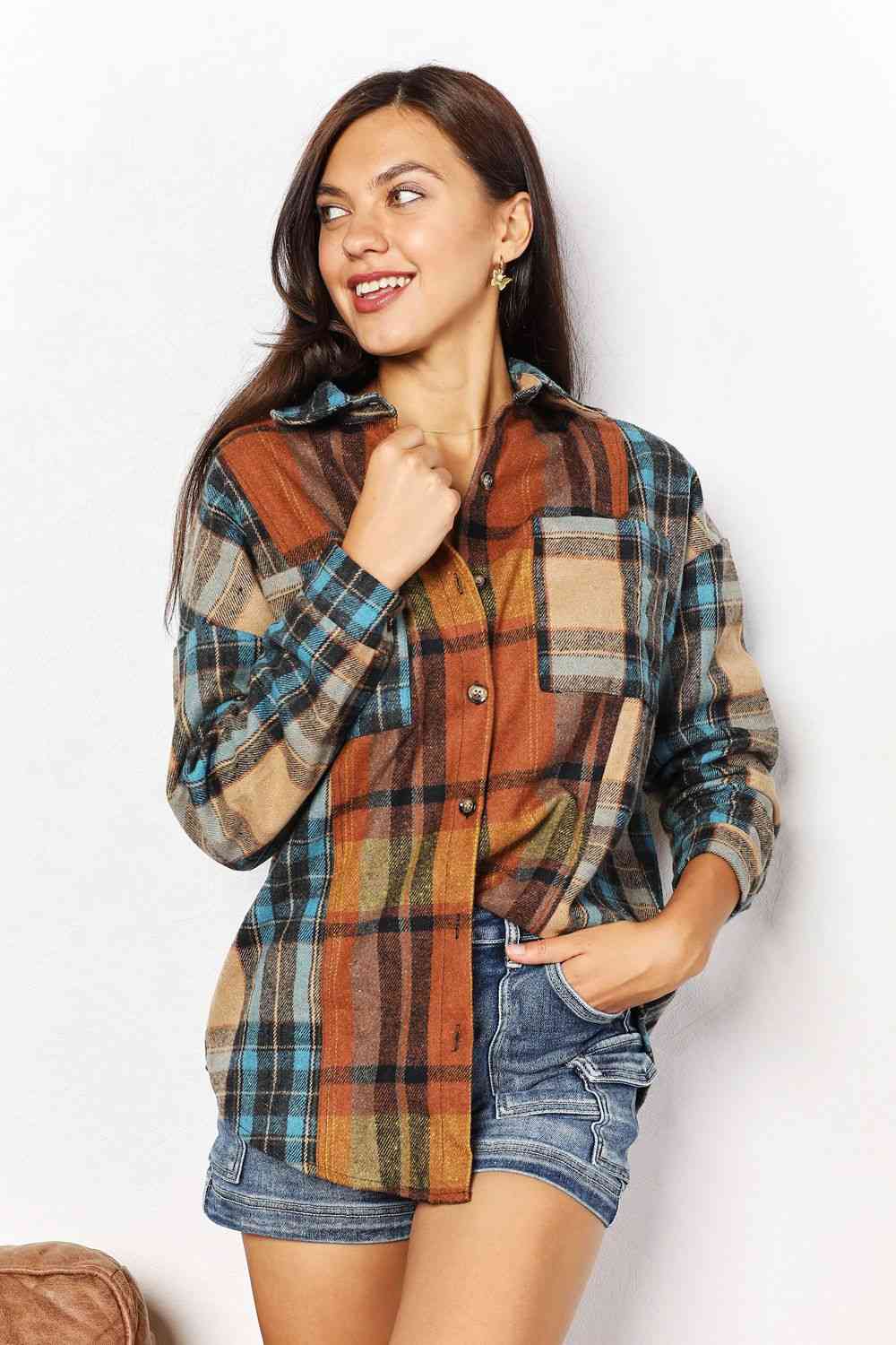 Buy Plaid Curved Hem Shirt Jacket with Breast Pockets by Double Take