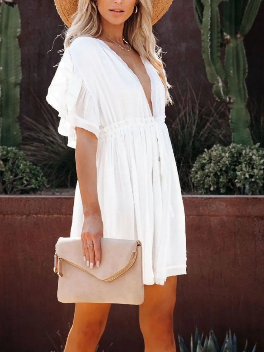 Buy Drawstring Ruffled Half Sleeve Mini Dress by Faz