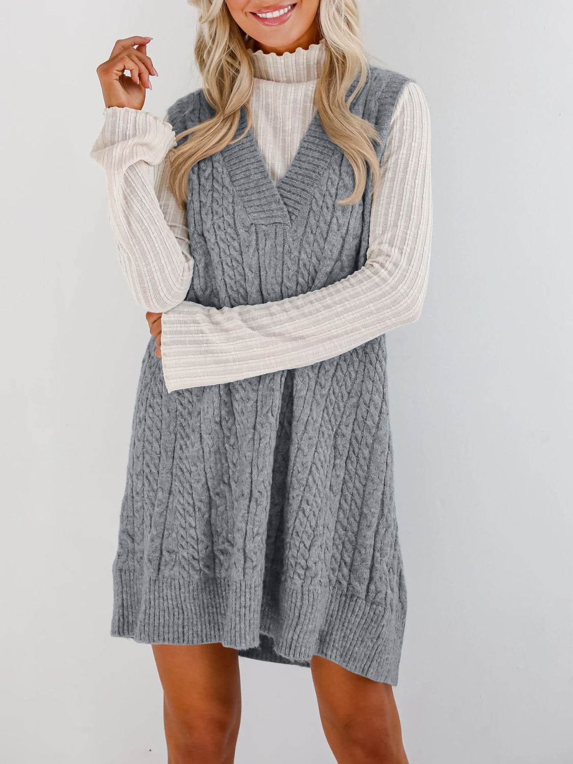 Buy Cable Knit V-Neck Mini Sweater Overall Dress by Faz