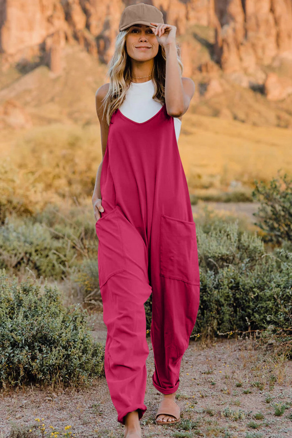 Buy Full Size V-Neck Sleeveless Jumpsuit with Pockets by Double Take