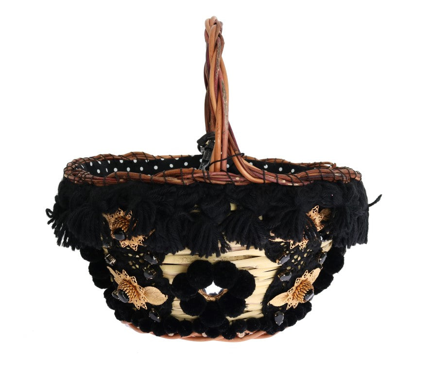 Chic Beige & Black Straw Snakeskin Bucket Bag