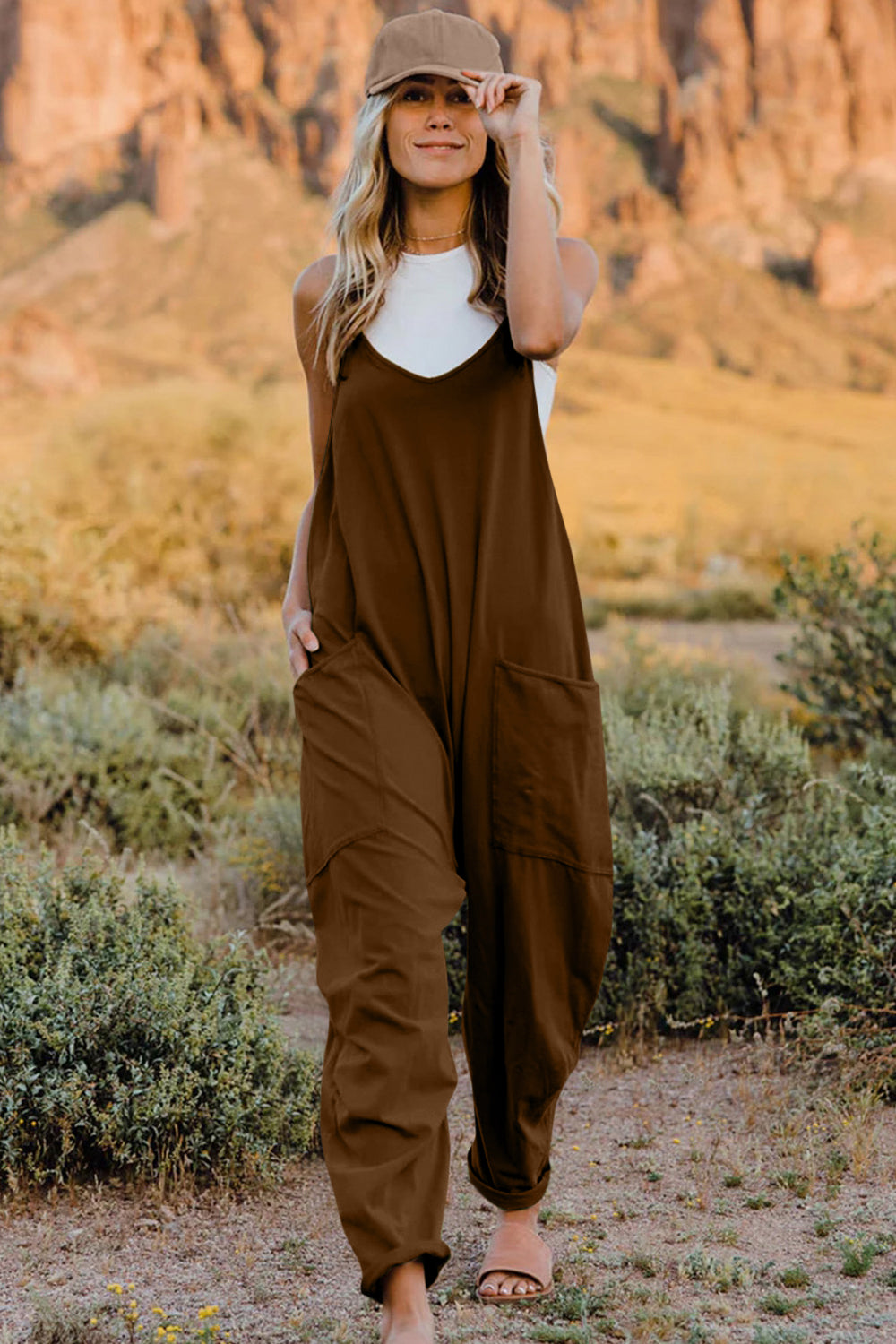 Buy Full Size V-Neck Sleeveless Jumpsuit with Pockets by Double Take