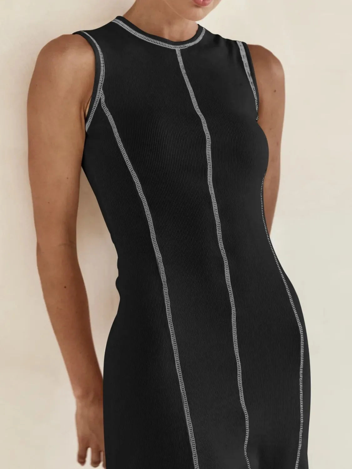 Buy Contrast Stitching Round Neck Sleeveless Midi Dress by Faz