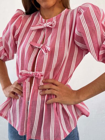 Buy Tied Round Neck Balloon Sleeve Shirt by Sara Rue