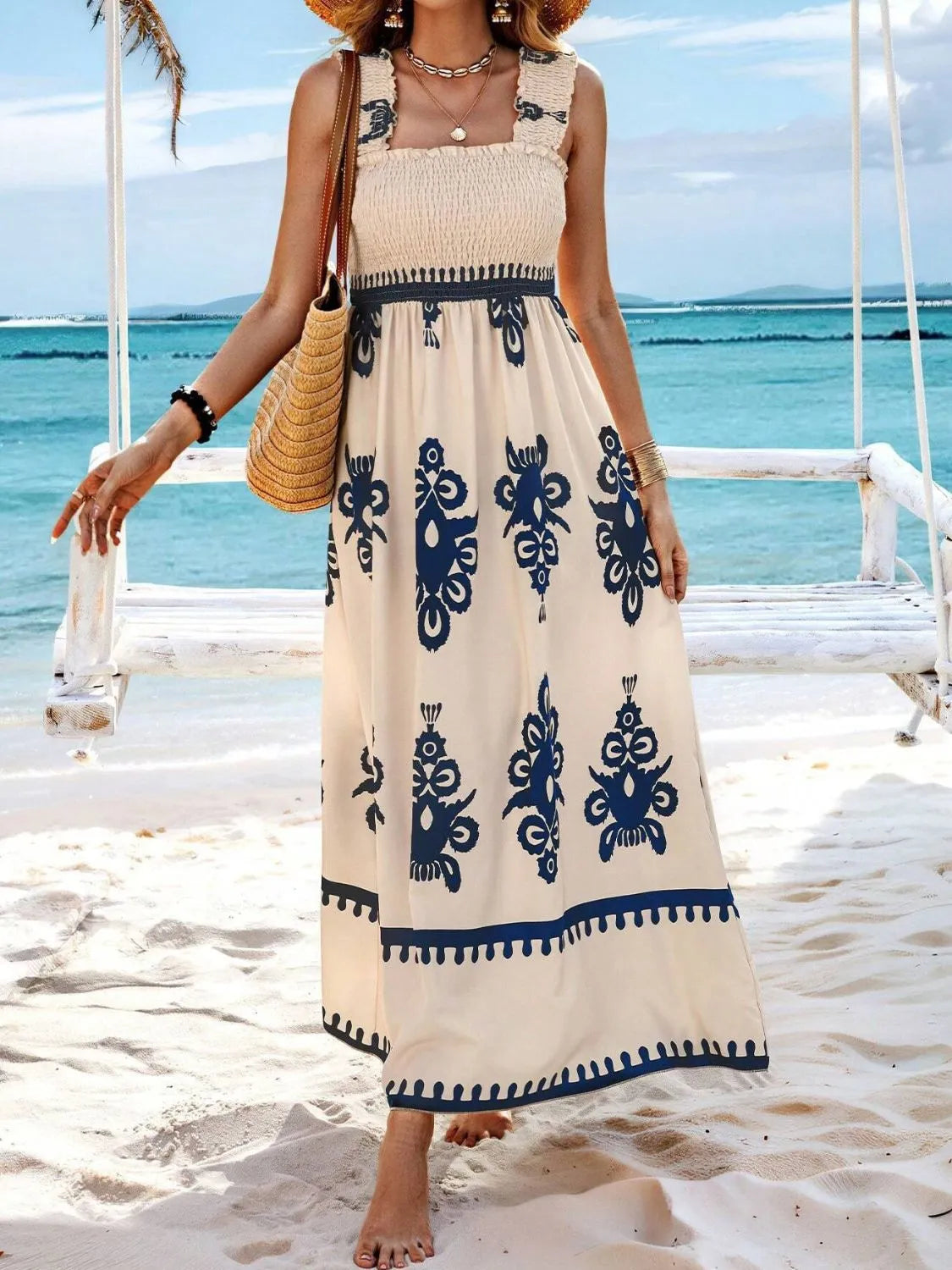 Buy Smocked Printed Wide Strap Maxi Dress by Faz