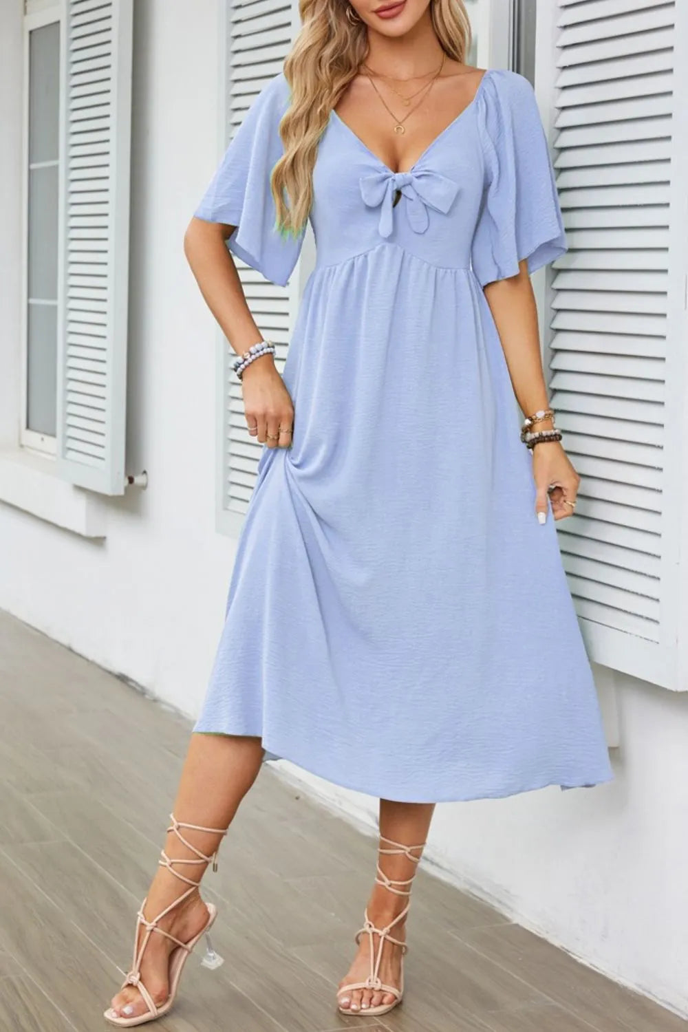 Buy Smocked Tie Front Flutter Sleeve Midi Dress by Faz