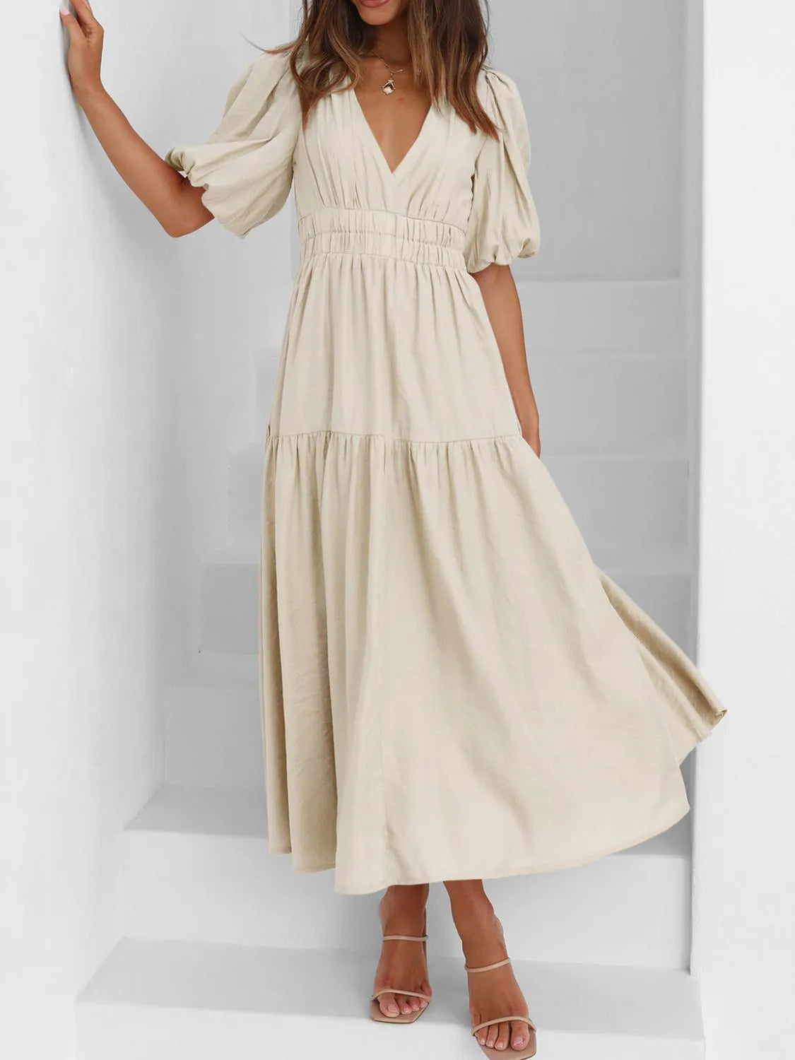 Buy V-Neck Puff Sleeve Midi Dress by Faz