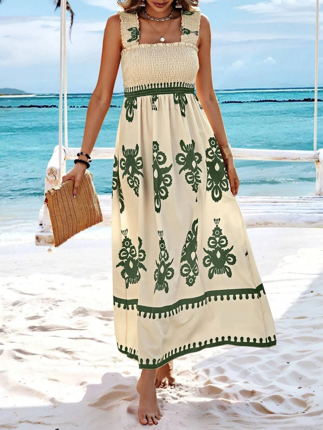Buy Smocked Printed Wide Strap Maxi Dress by Faz