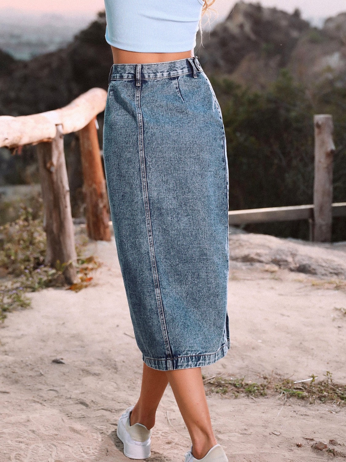 Buy Button Down Denim Skirt by Faz