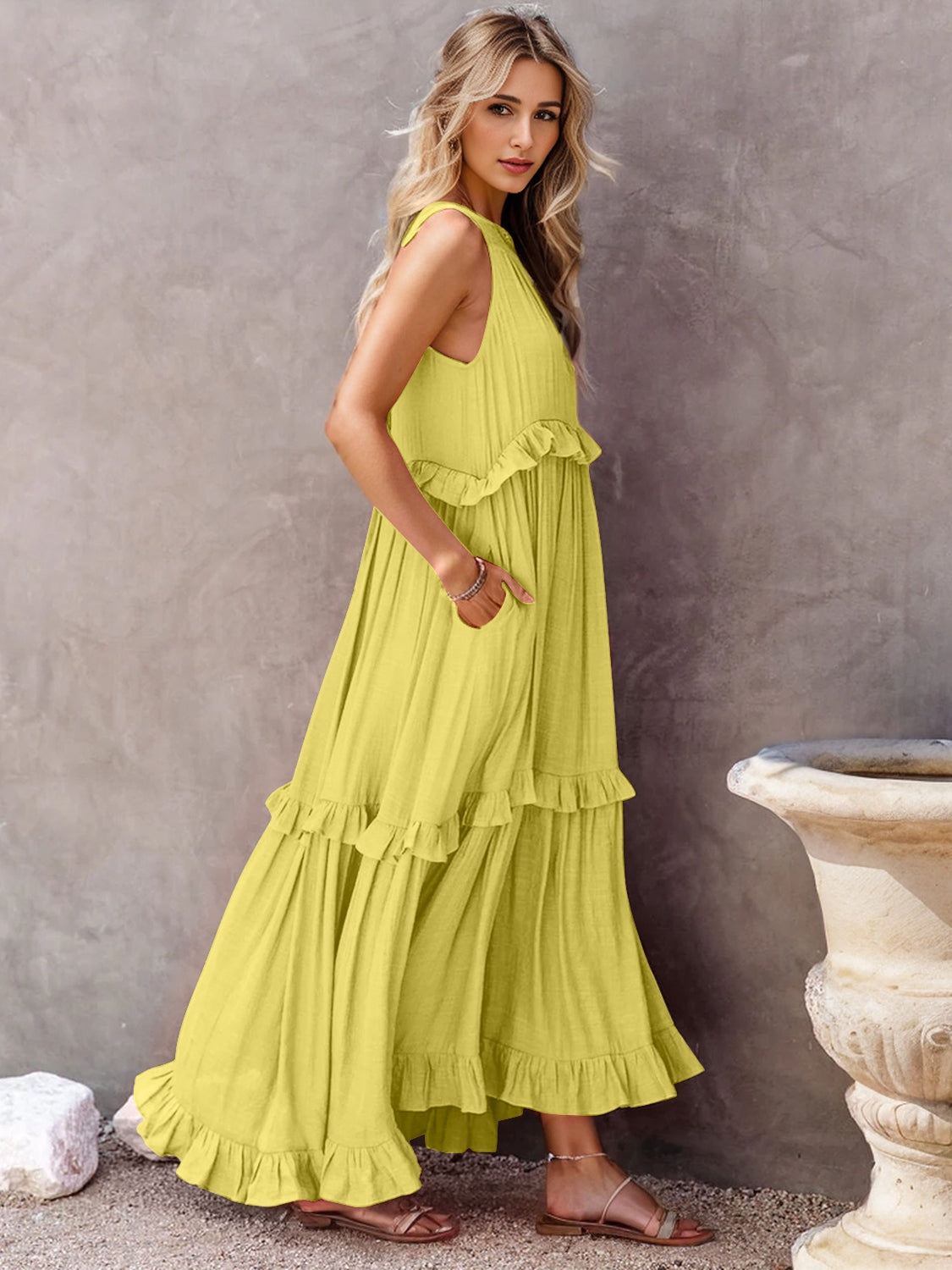 Buy Ruffled Sleeveless Tiered Maxi Dress with Pockets by Faz