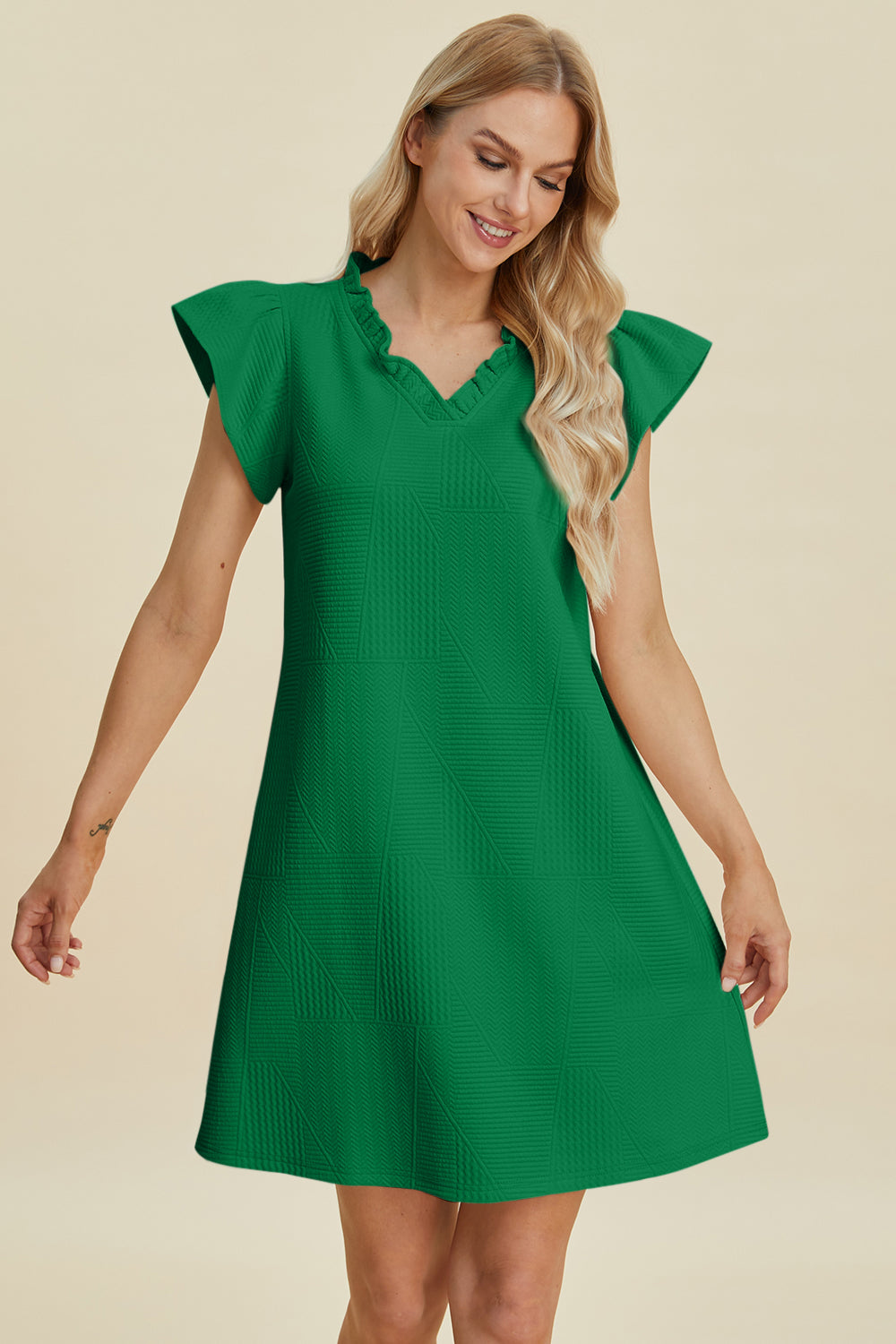 Buy Full Size Ruffled V-Neck Cap Sleeve Dress by Faz