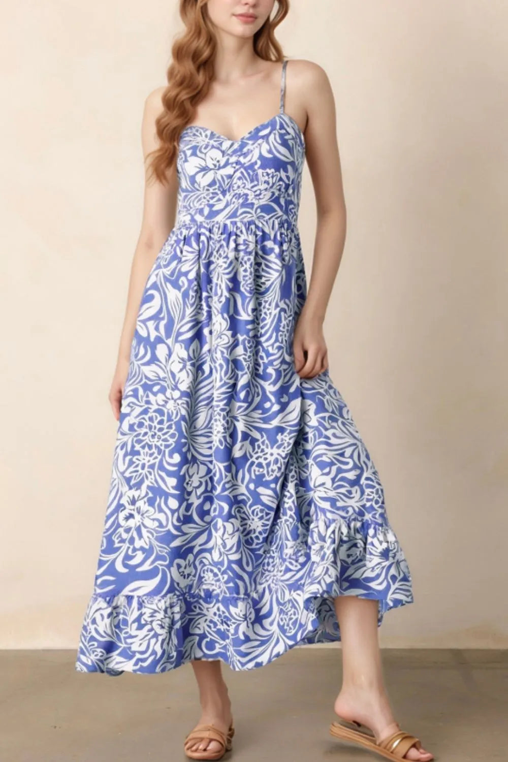 Floral Print Spaghetti Strap High Waist Dress