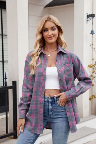 Buy Pocketed Plaid Collared Neck Long Sleeve Shirt by Mandy