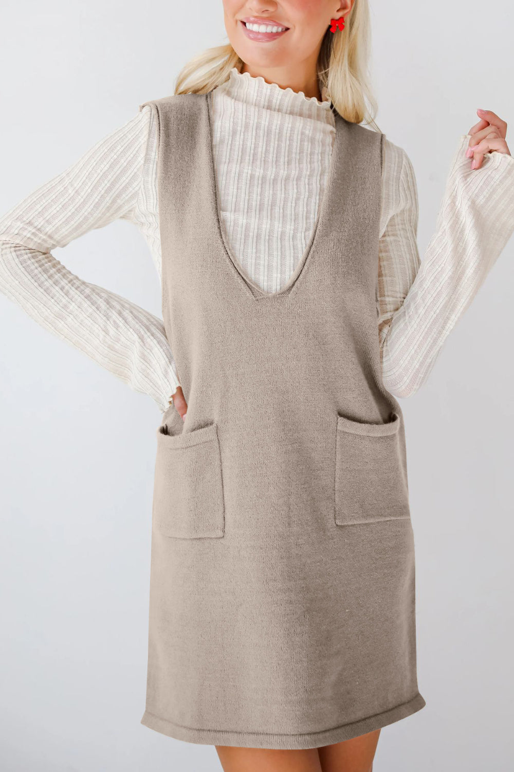 Buy Pocketed V-Neck Mini Sweater Overall Dress by Faz
