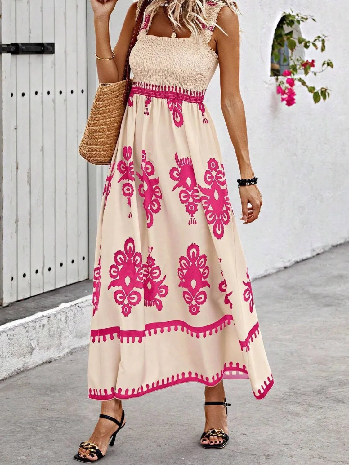 Buy Smocked Printed Wide Strap Maxi Dress by Faz