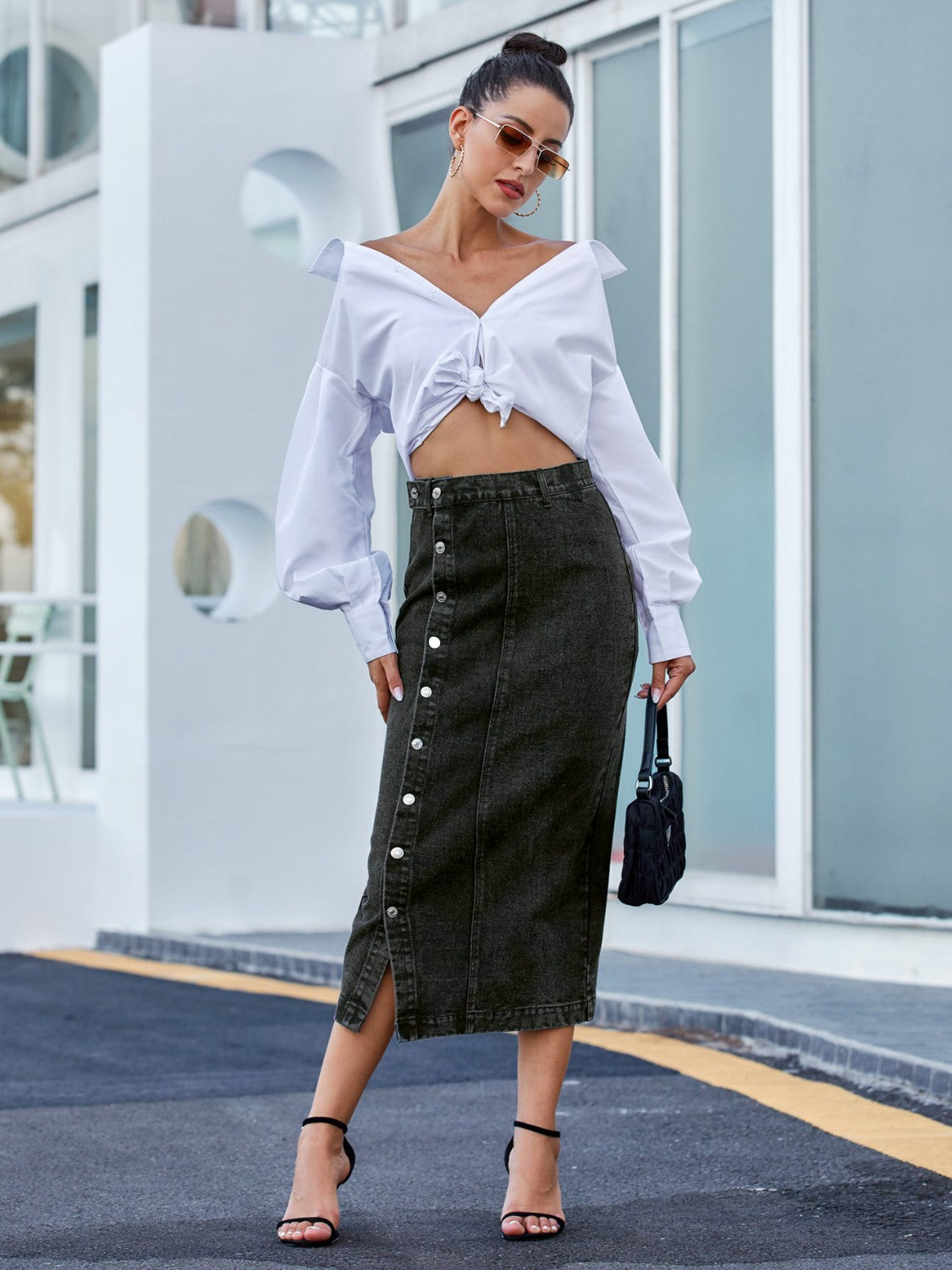 Buy Button Down Denim Skirt by Faz