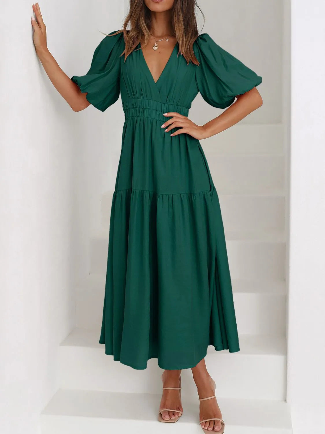 Buy V-Neck Puff Sleeve Midi Dress by Faz