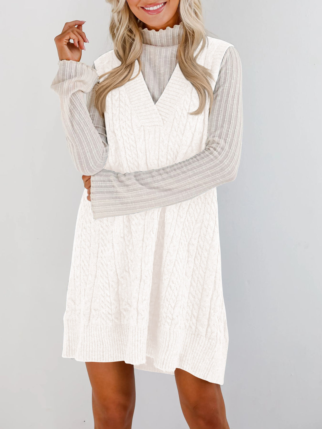 Buy Cable Knit V-Neck Mini Sweater Overall Dress by Faz