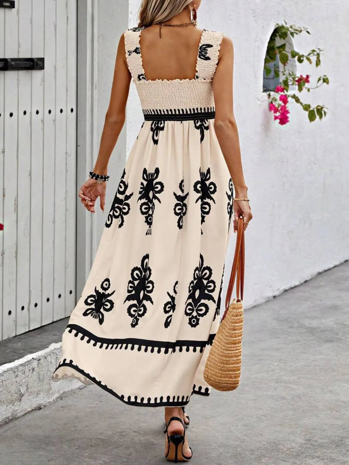 Buy Smocked Printed Wide Strap Maxi Dress by Faz