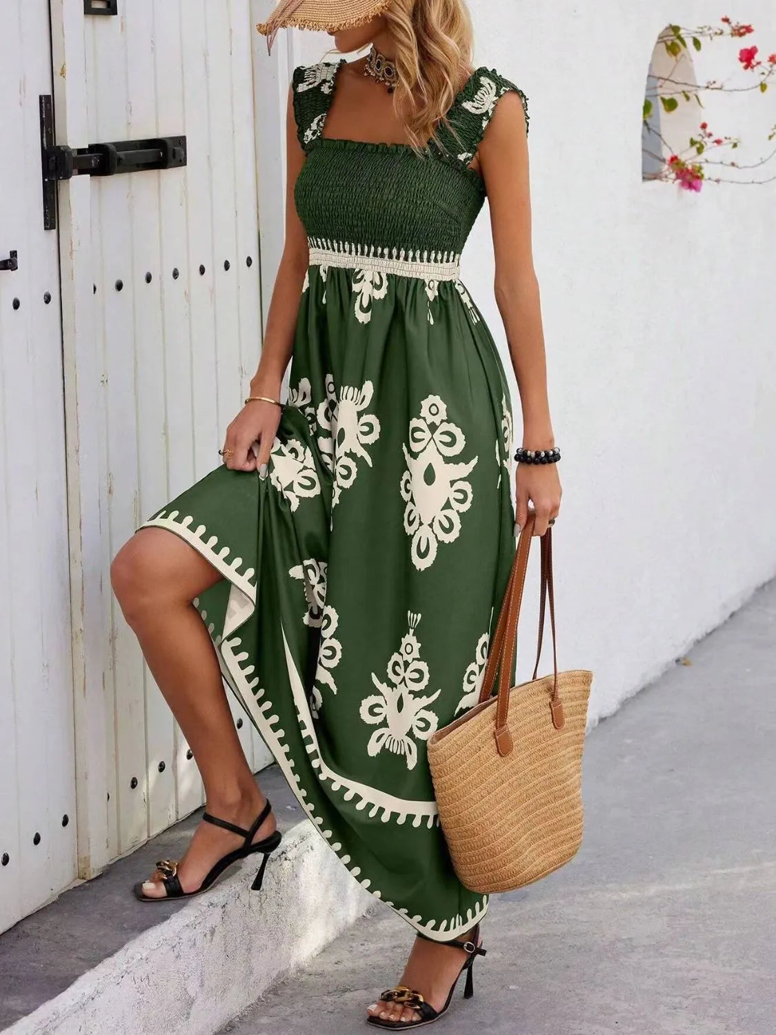 Buy Smocked Printed Wide Strap Maxi Dress by Faz
