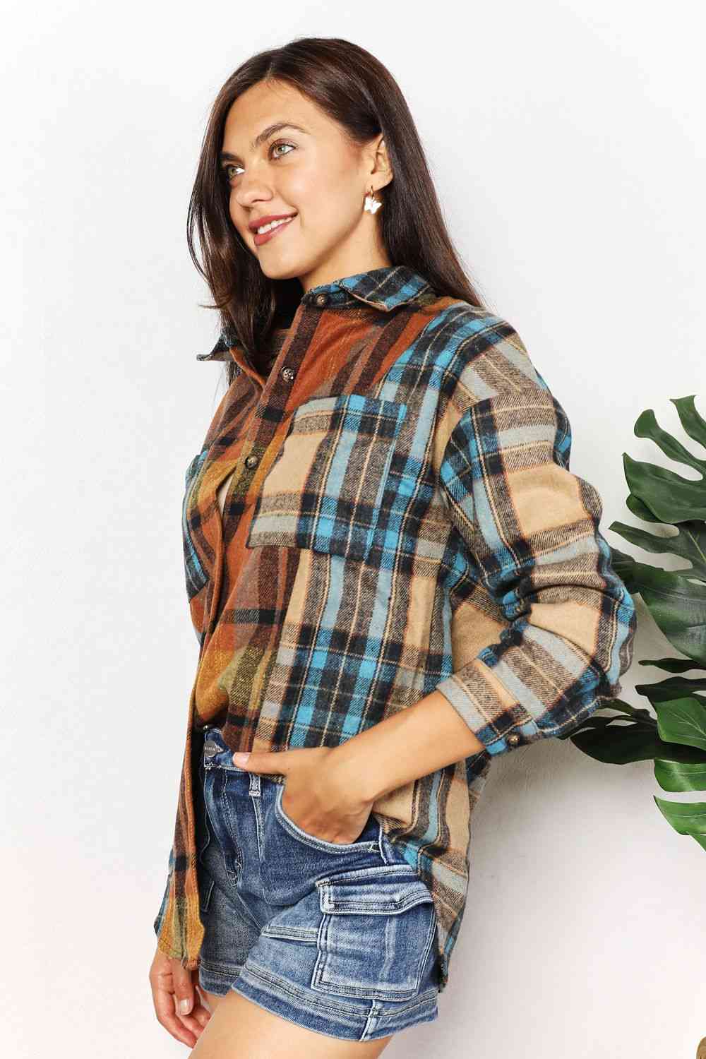 Buy Plaid Curved Hem Shirt Jacket with Breast Pockets by Double Take