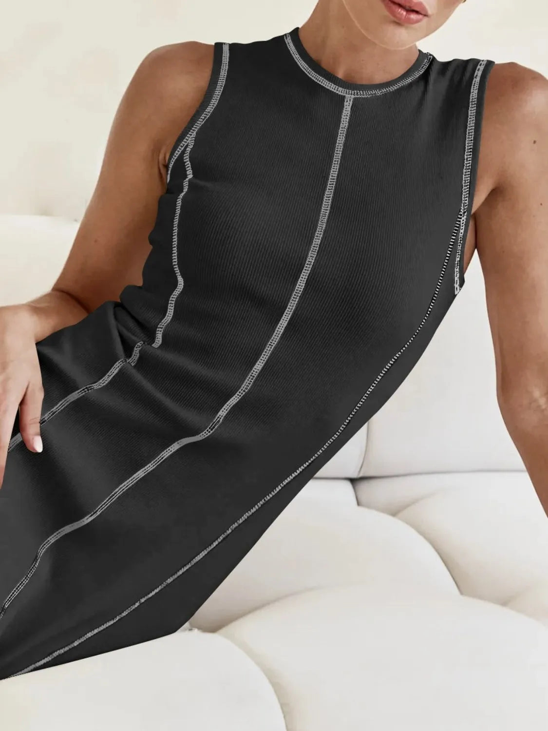 Buy Contrast Stitching Round Neck Sleeveless Midi Dress by Faz