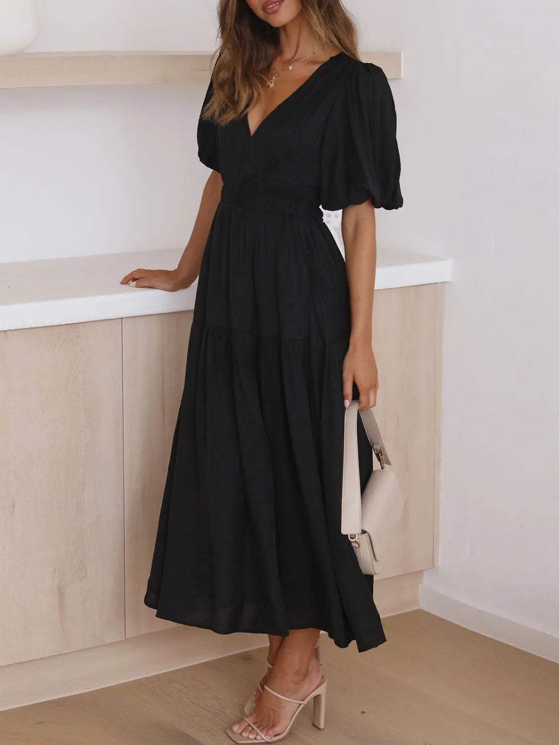 Buy V-Neck Puff Sleeve Midi Dress by Faz