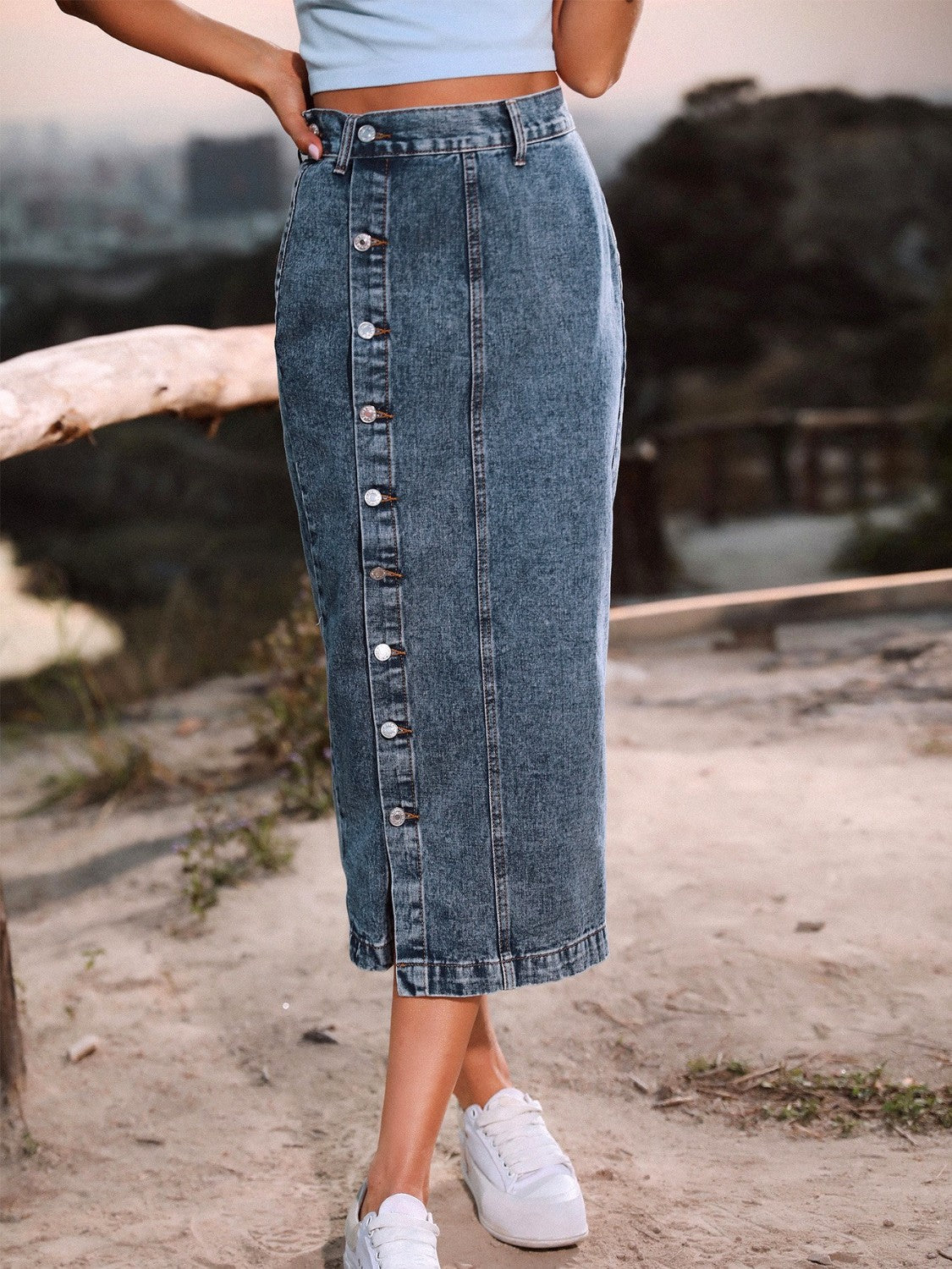Buy Button Down Denim Skirt by Faz