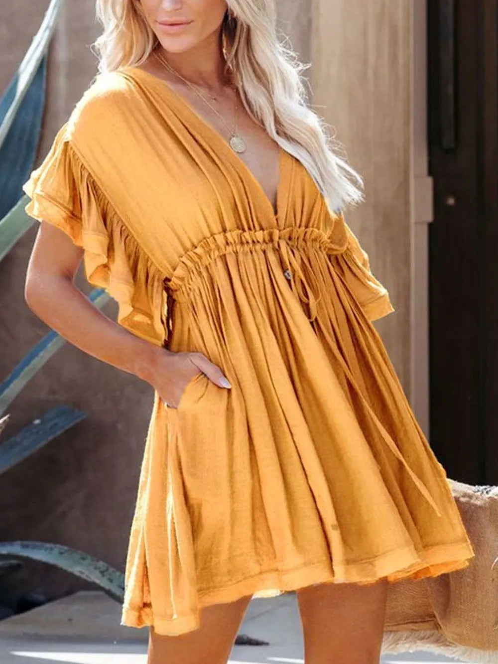 Buy Drawstring Ruffled Half Sleeve Mini Dress by Faz