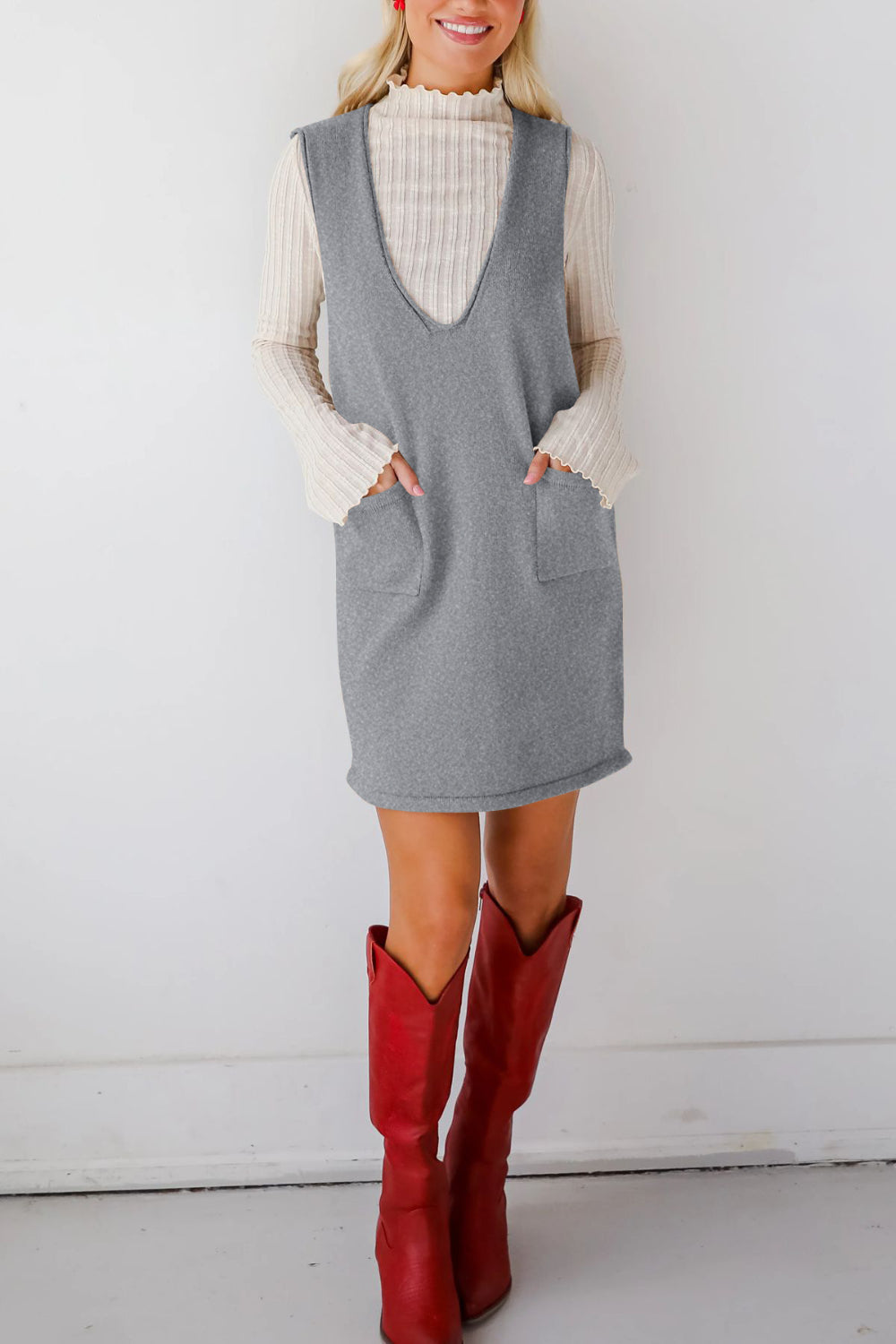 Buy Pocketed V-Neck Mini Sweater Overall Dress by Faz