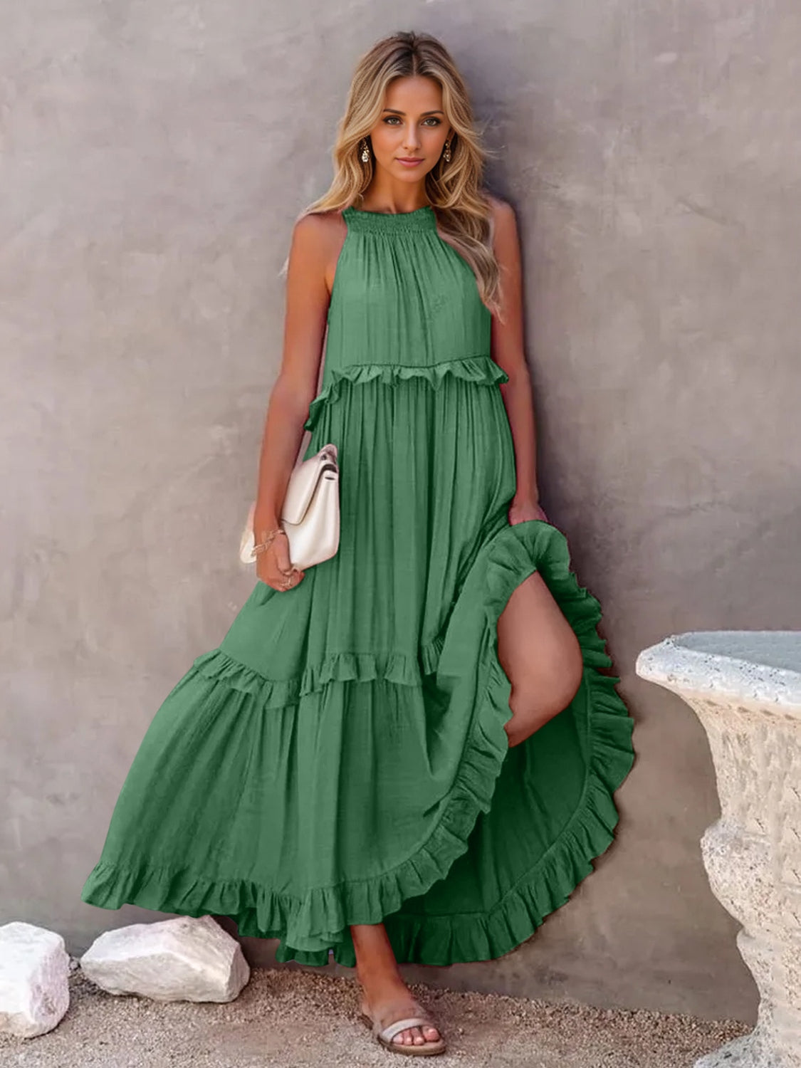 Buy Ruffled Sleeveless Tiered Maxi Dress with Pockets by Faz