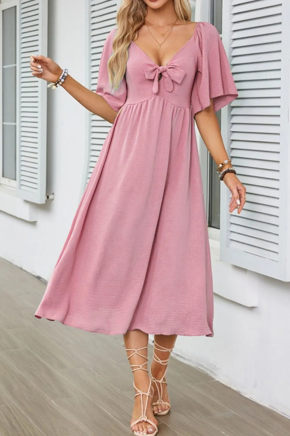 Buy Smocked Tie Front Flutter Sleeve Midi Dress by Faz
