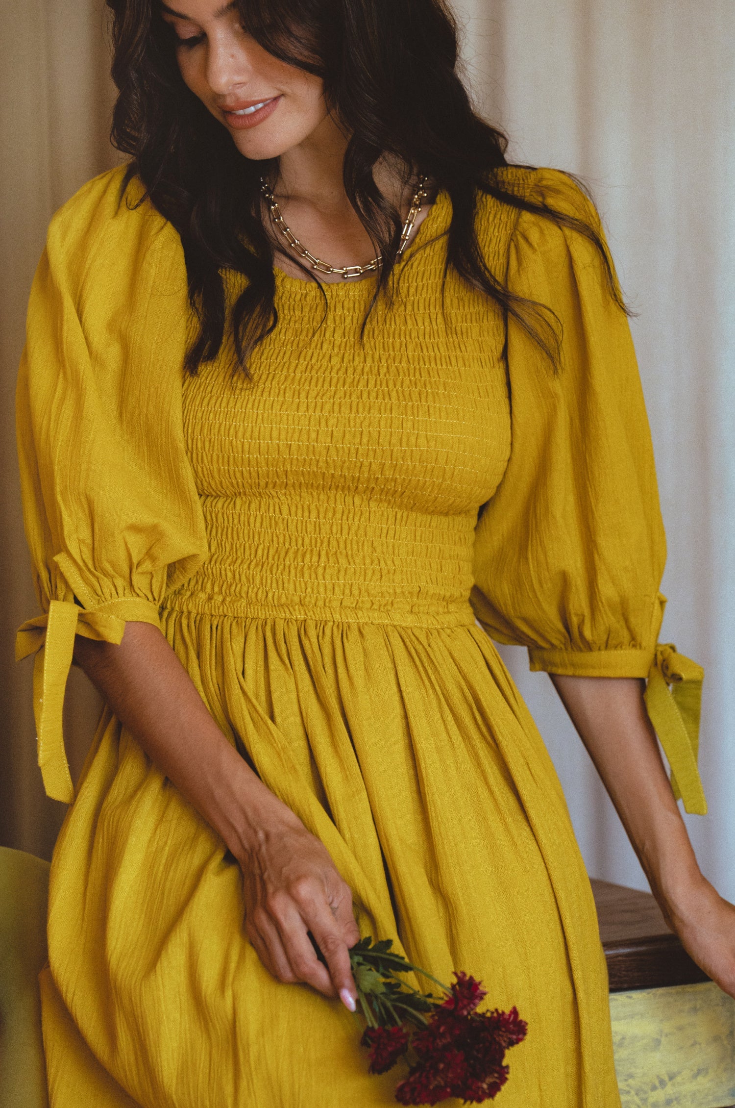 Buy Freya Smocked Linen Midi Dress by Bali ELF