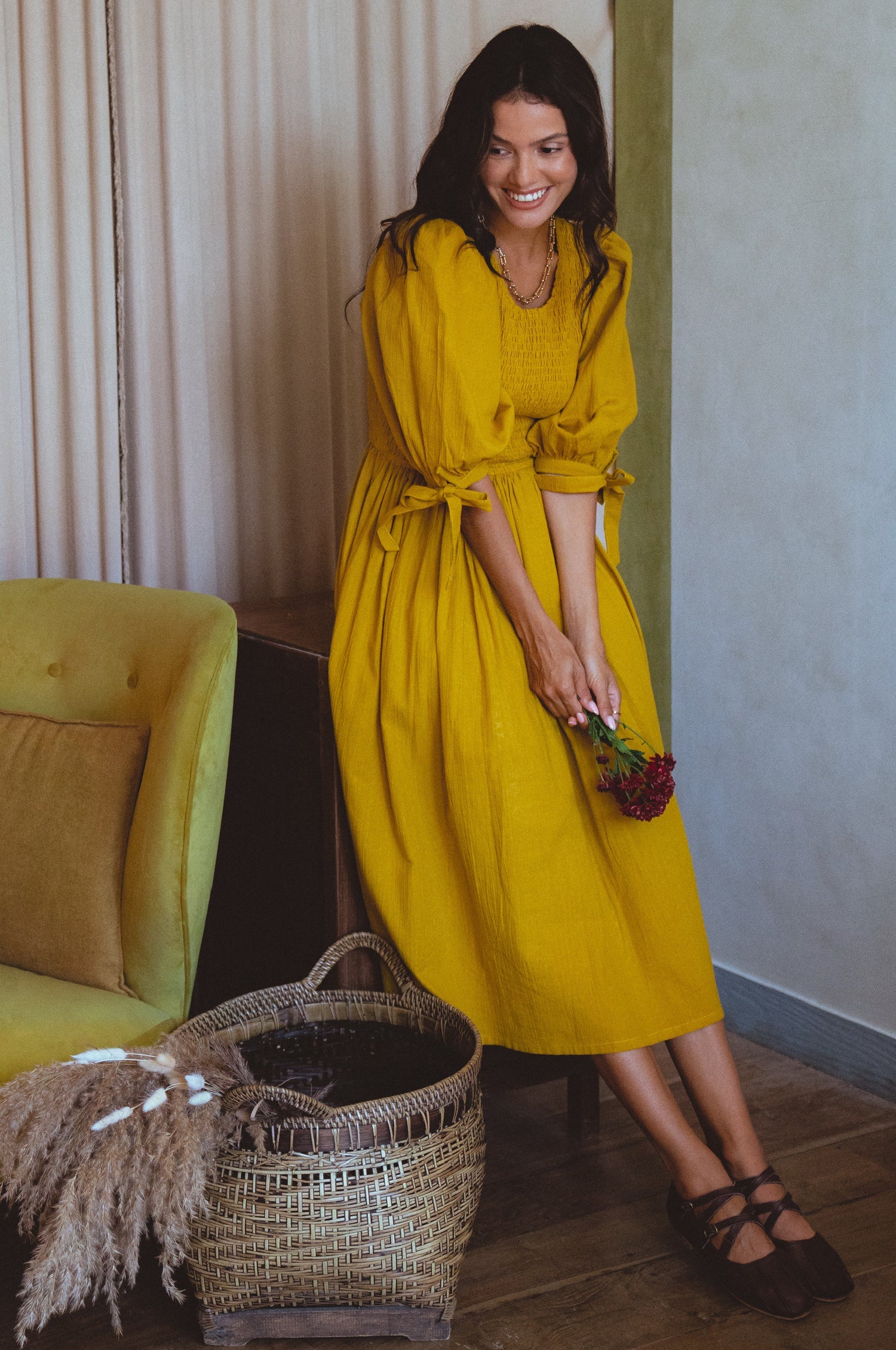 Buy Freya Smocked Linen Midi Dress by Bali ELF