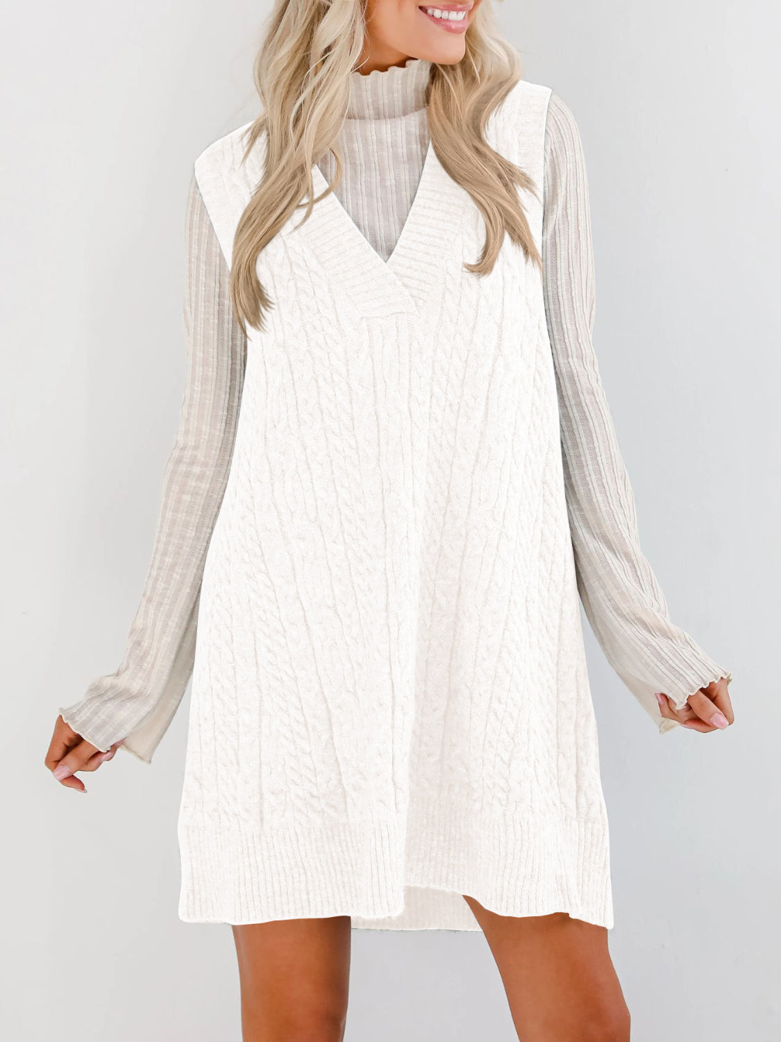 Buy Cable Knit V-Neck Mini Sweater Overall Dress by Faz