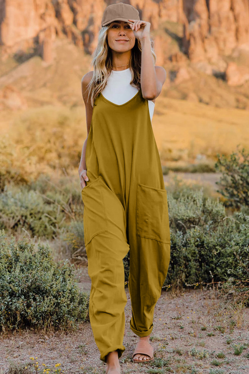 Buy Full Size V-Neck Sleeveless Jumpsuit with Pockets by Double Take