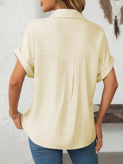 Buy Pocketed Striped Collared Neck Short Sleeve Shirt by Mandy