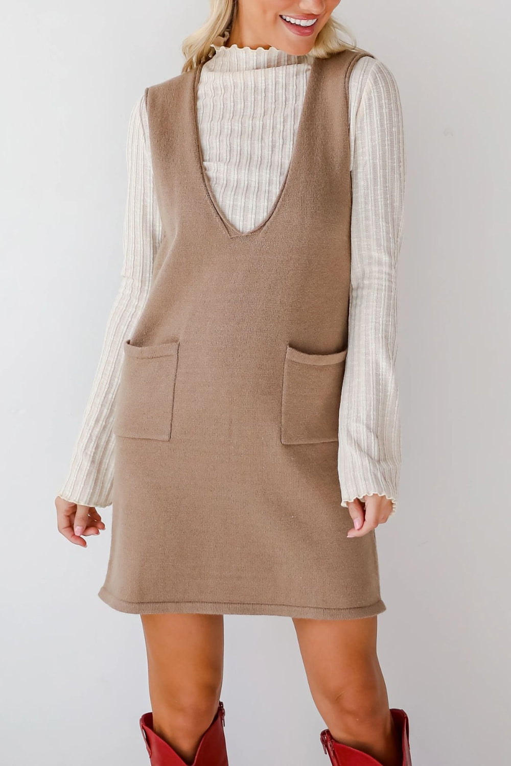 Buy Pocketed V-Neck Mini Sweater Overall Dress by Faz